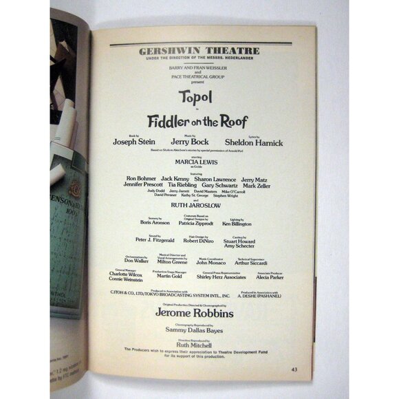 Fiddler on the Roof Playbill May 1991 Gershwin Theatre Topol Marcia Lewis - Picture 5 of 9